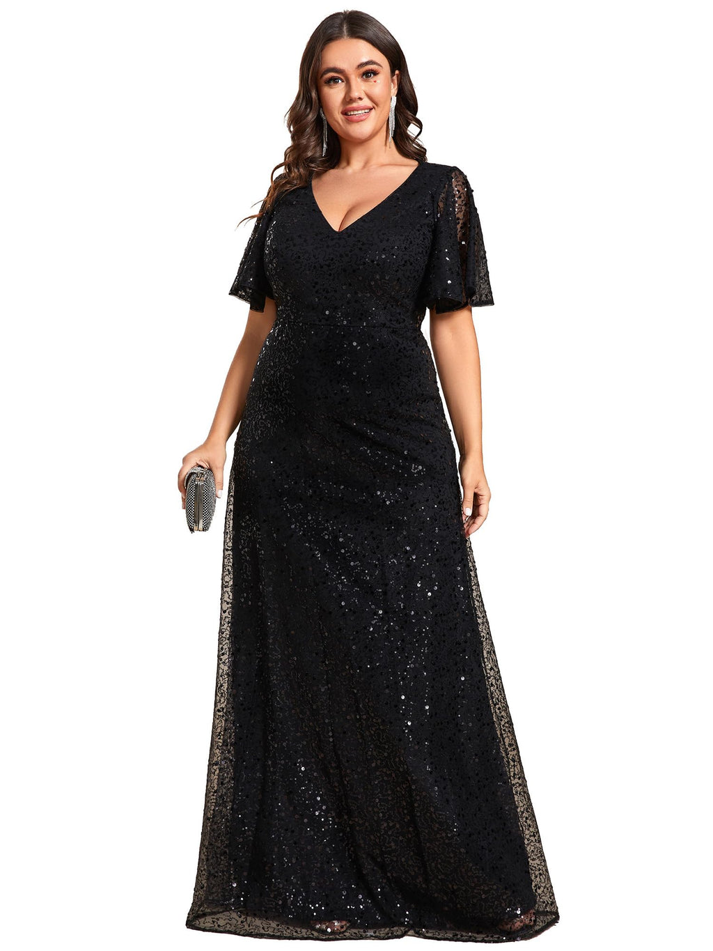 Ever-Pretty Plus Womens V Neck Sequin Plus Size Ruffle Sleeves Long Formal Dresses Black US22