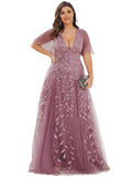 Ever-Pretty Womens Plus Size Sequin Emboridery Formal Evening Dresses with Sleeves Orchid US20