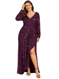 Ever-Pretty Womens V-Neck A-Line Pleated Long Sleeves Floor Length Plus Size Sequin Dress Formal Evening Gowns Purple US18