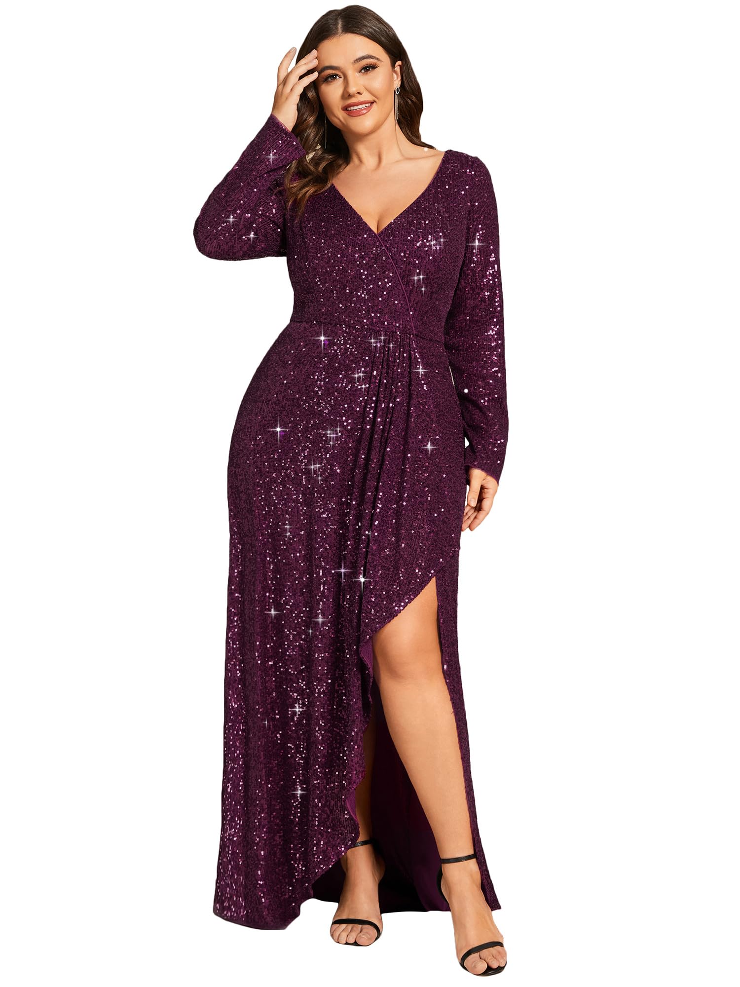 Ever-Pretty Womens V-Neck A-Line Pleated Long Sleeves Floor Length Plus Size Sequin Dress Formal Evening Gowns Purple US18