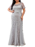 Ever-Pretty Plus Womens Plus Size Sequin Embroidered Bodycon Short Sleeves Summer Cocktail Dresses Silver US26