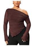MakeMeChic Womens Plus Size Casual Mesh One Shoulder Lettuce Trim Ruched Asymmetrical Hem Tee Shirt Tops Coffee Brown 3XL