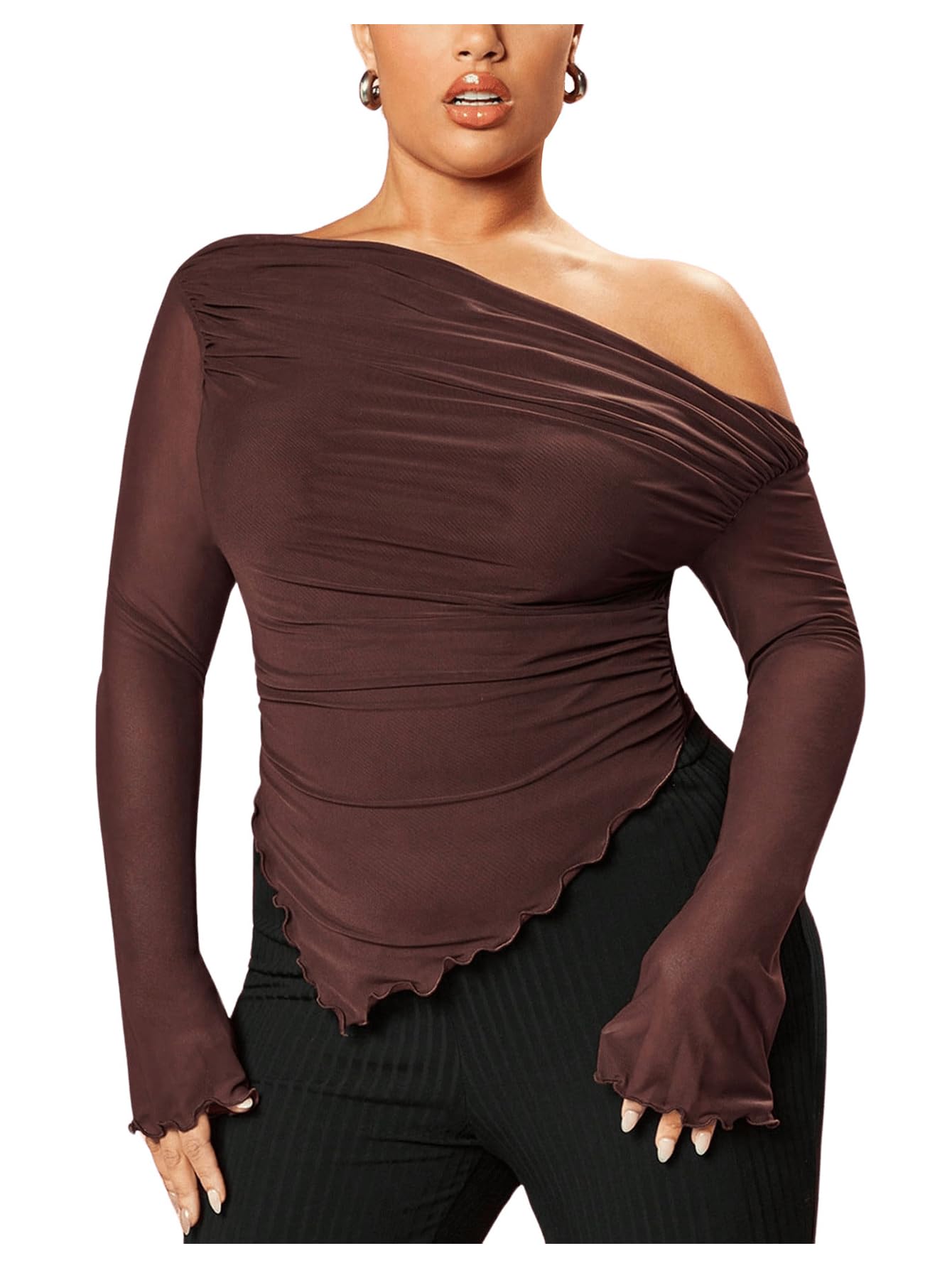 MakeMeChic Womens Plus Size Casual Mesh One Shoulder Lettuce Trim Ruched Asymmetrical Hem Tee Shirt Tops Coffee Brown 3XL