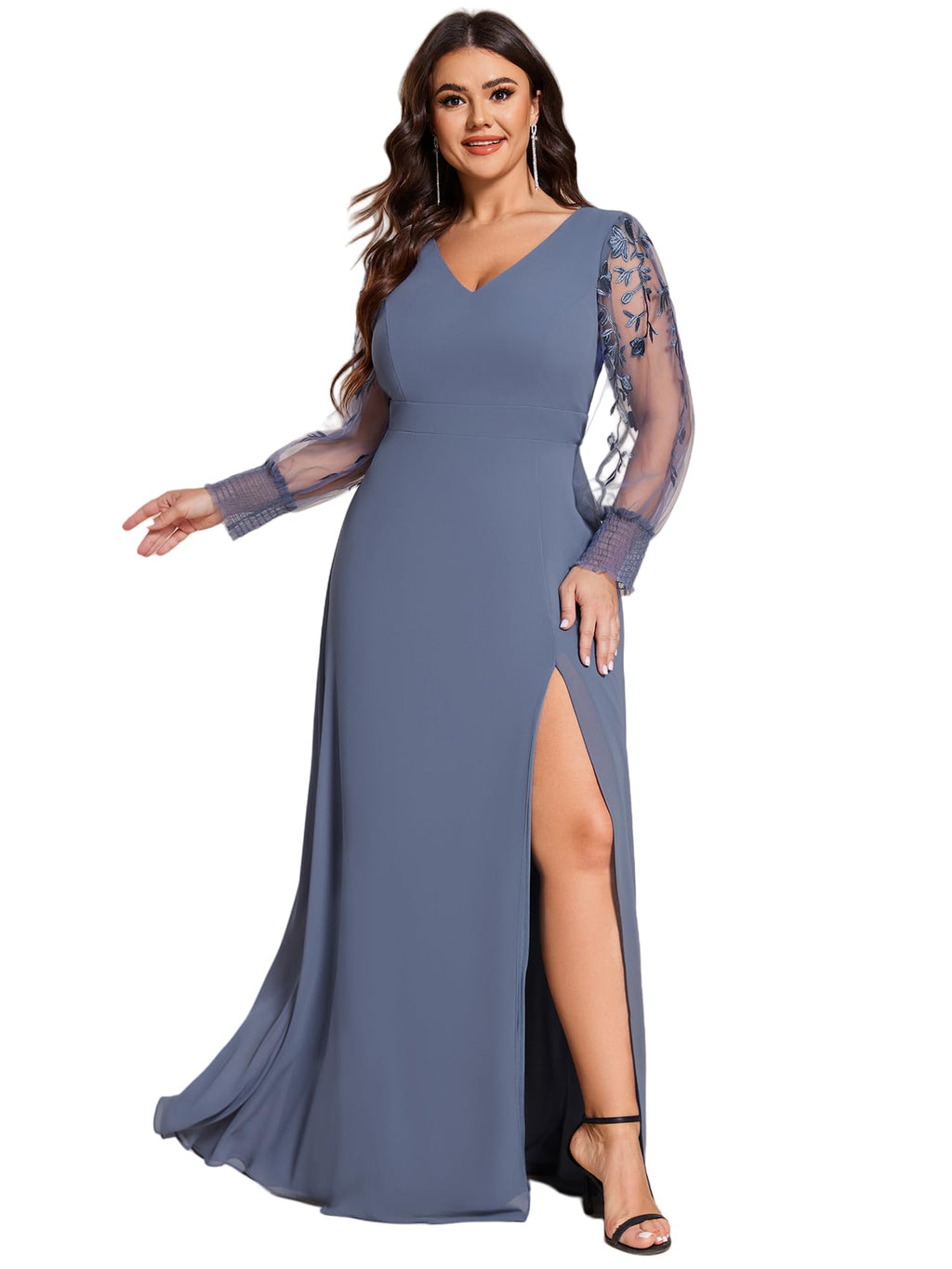 Ever-Pretty Plus Womens V Neck Trendy Embroidered Long Sleeves A Line Chiffon Split Plus Size Formal Evening Dress Duaty Navy US18