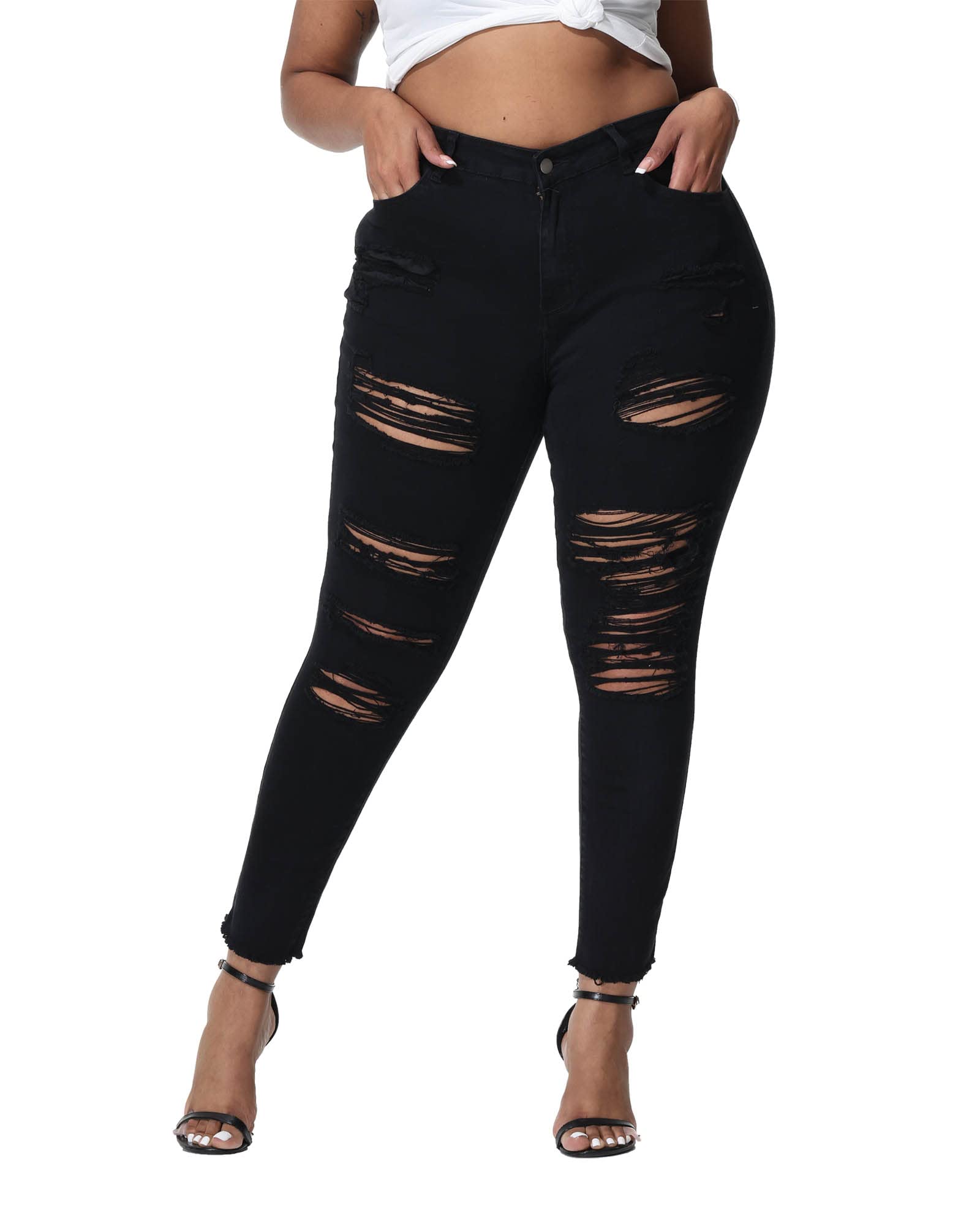Gocolloa Womens Plus Size Skinny Jeans Stretchy High Waisted Ripped Distressed Ankle Jean Black 20W