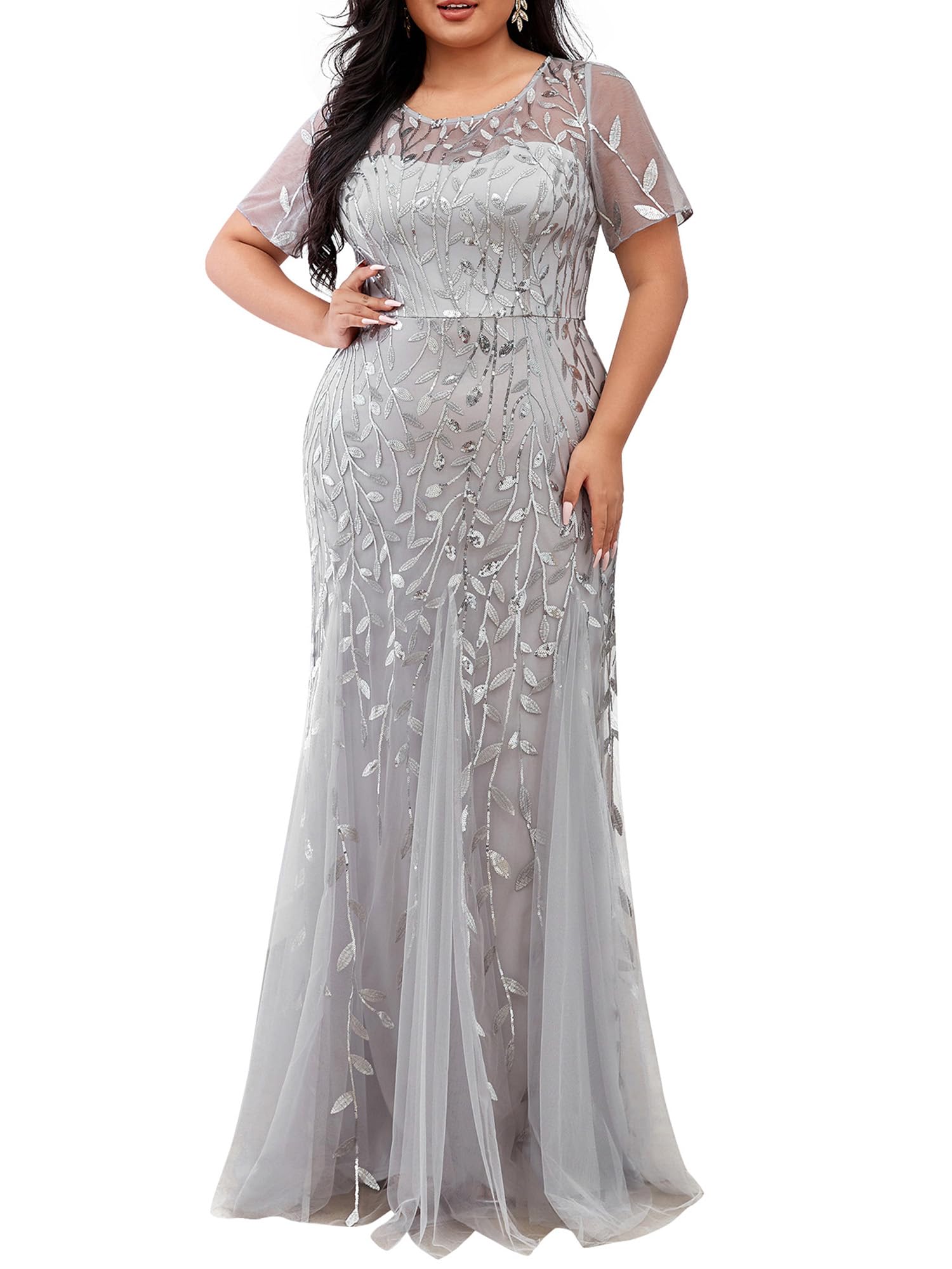 Ever-Pretty Plus Womens Plus Size Sequin Embroidered Bodycon Short Sleeves Summer Cocktail Dresses Silver US26