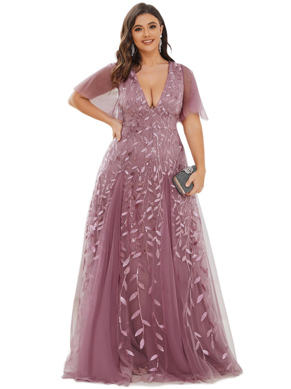 Ever-Pretty Womens Plus Size Sequin Emboridery Formal Evening Dresses with Sleeves Orchid US20