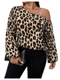 MakeMeChic Womens Plus Size Graphic Print One Shoulder Blouses Long Sleeve Tops Coffee Brown 3X-Large Plus